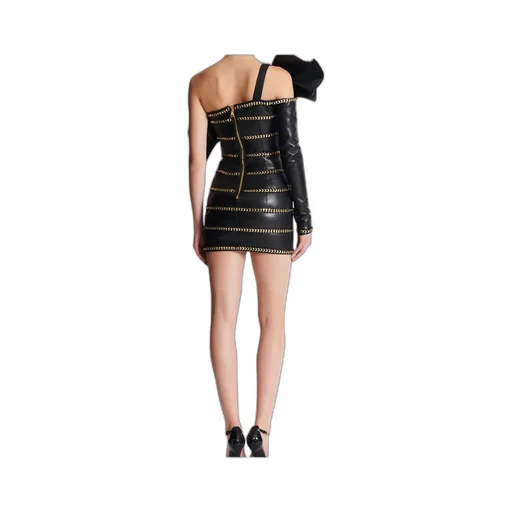 Asymmetric Leather Bodycon Dress With Chains