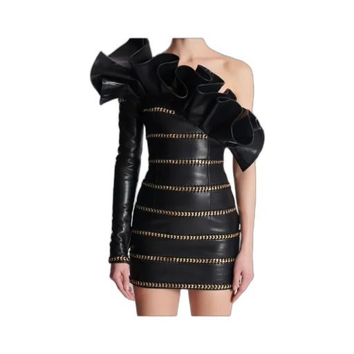 Asymmetric Leather Bodycon Dress With Chains