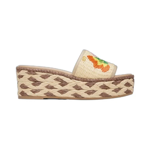 Polished Leather And Woven Faux Grass Platform Sandals