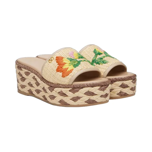 Polished Leather And Woven Faux Grass Platform Sandals