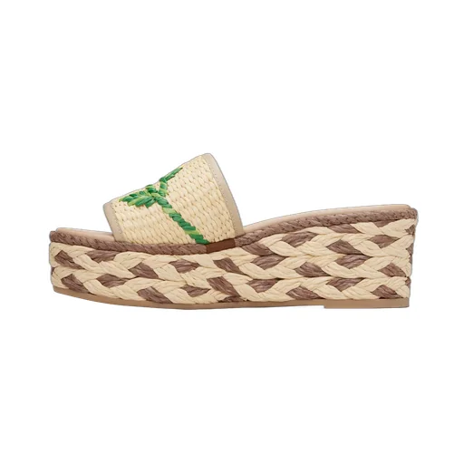 Polished Leather And Woven Faux Grass Platform Sandals