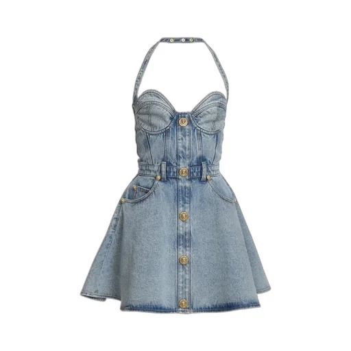 Backless Button-Down Denim Flared Dress