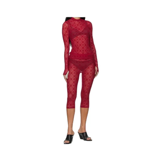 Red Moonogram Mesh Flock Capri Leggings
