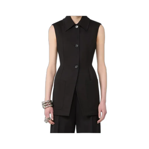 Sleeveless Fitted Gabardine Blazer - Black