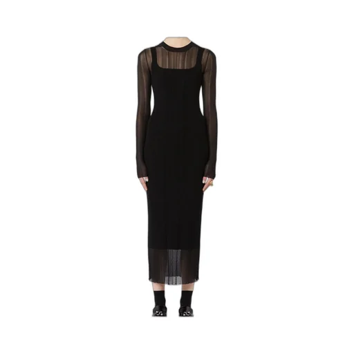 Short-Sleeved Stretch Viscose Dress - Black
