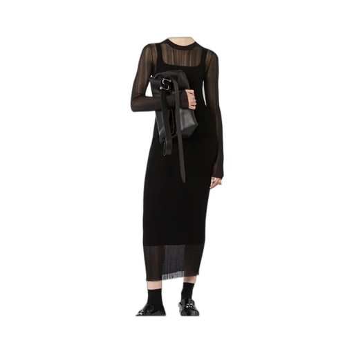Short-Sleeved Stretch Viscose Dress - Black