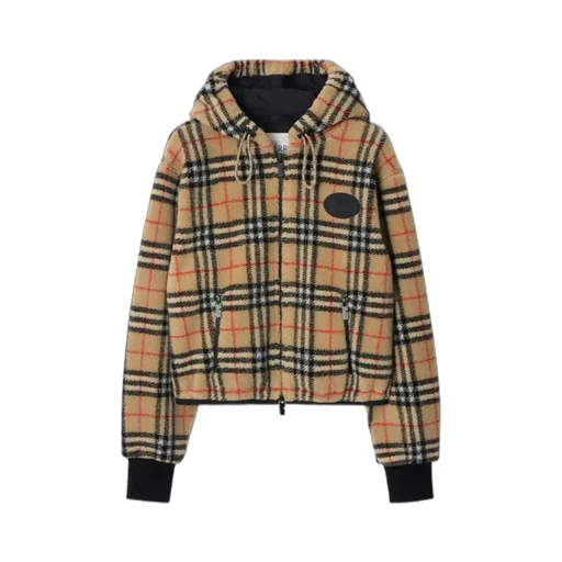 Burberry Cropped Hooded Check Fleece Jacket