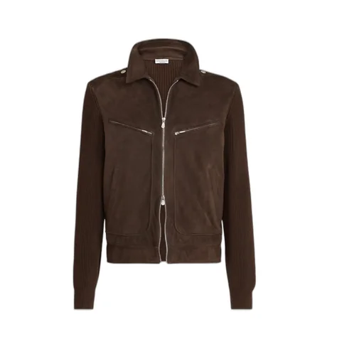 Ribbed-Knit Suede Jacket