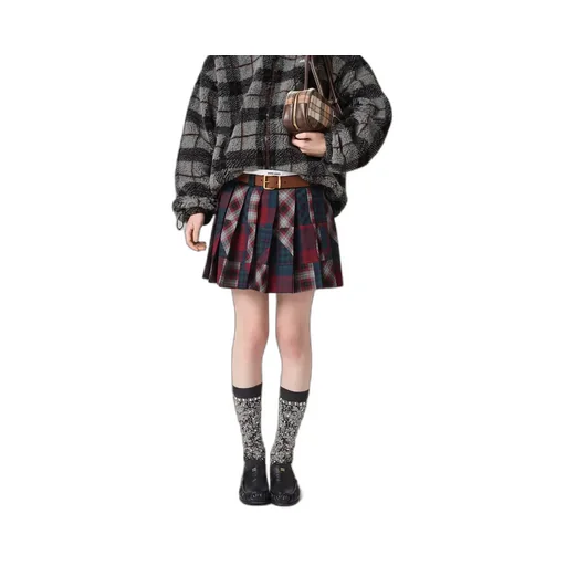 Pleated Plaid Patchwork Miniskirt
