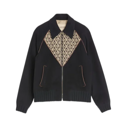 Valentino Bomber Jacket In Wool And Cashmere Drap With V Inlaid With Toute La V Jacquard Pattern