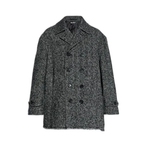 Black Grey Double-Breasted Coat With Herringbone Pattern