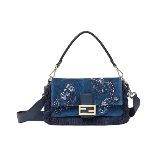 Blue Flocked Denim Bag With Night Butterfly Embroidery