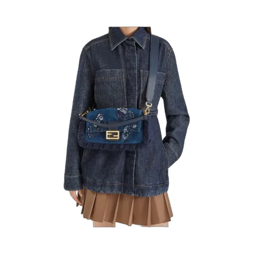 Blue Flocked Denim Bag With Night Butterfly Embroidery
