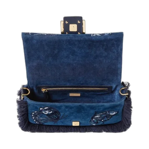 Blue Flocked Denim Bag With Night Butterfly Embroidery