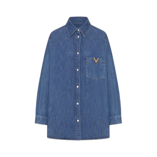 Valentino Logo Plaque Button-Up Denim Shirt