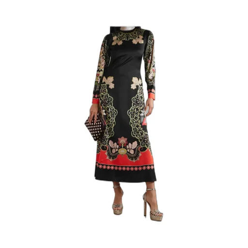 Clingy Swing Placed Long-Sleeve Maxi Dress