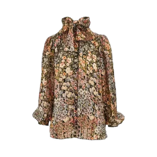 Pussy-Bow Floral-Print Shirt