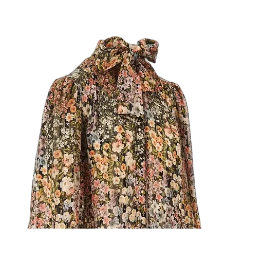 Pussy-Bow Floral-Print Shirt