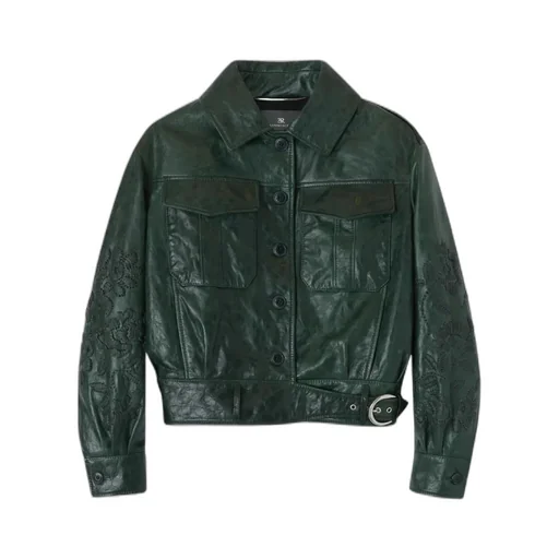 Single-Breasted Leather Jacket With Front Pockets And Handmade Floral Embroidery