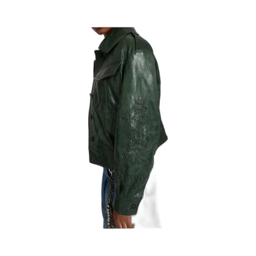 Single-Breasted Leather Jacket With Front Pockets And Handmade Floral Embroidery