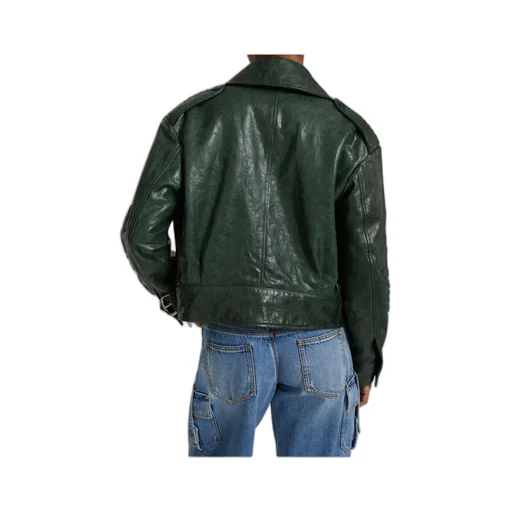 Single-Breasted Leather Jacket With Front Pockets And Handmade Floral Embroidery