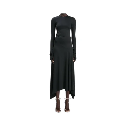 Asymmetric-Hem Long-Sleeved Midi Dress