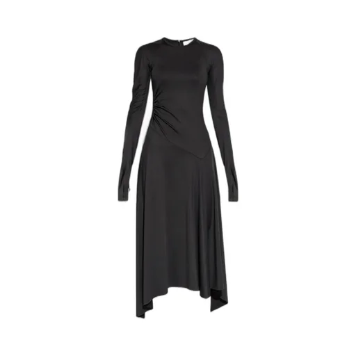 Asymmetric-Hem Long-Sleeved Midi Dress