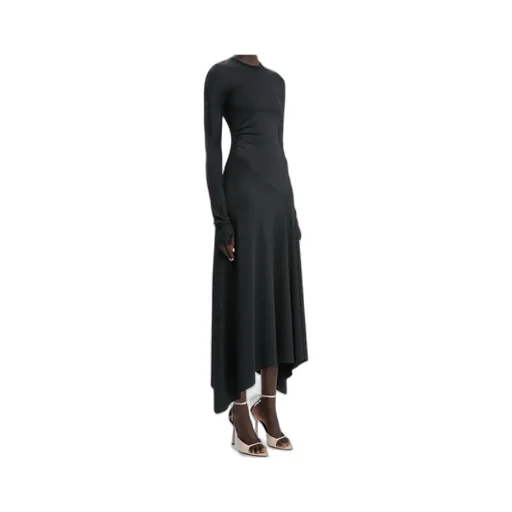 Asymmetric-Hem Long-Sleeved Midi Dress
