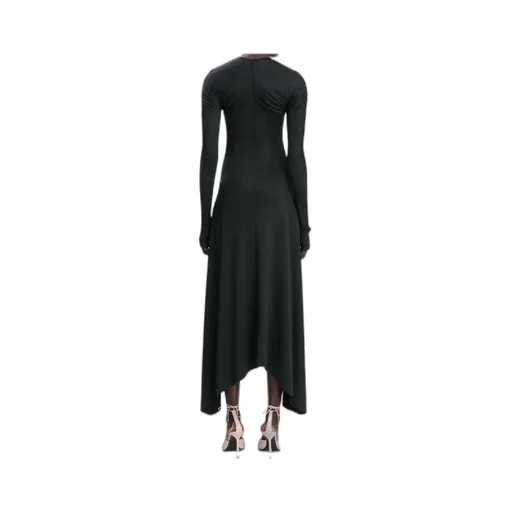 Asymmetric-Hem Long-Sleeved Midi Dress