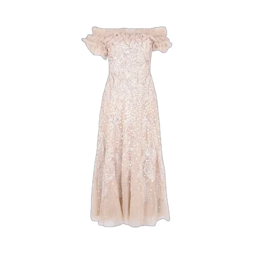 Sequined Satin Ribbon Off-Shoulder Dress