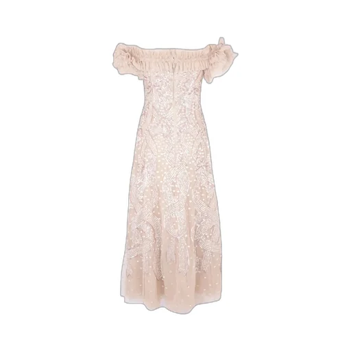 Sequined Satin Ribbon Off-Shoulder Dress