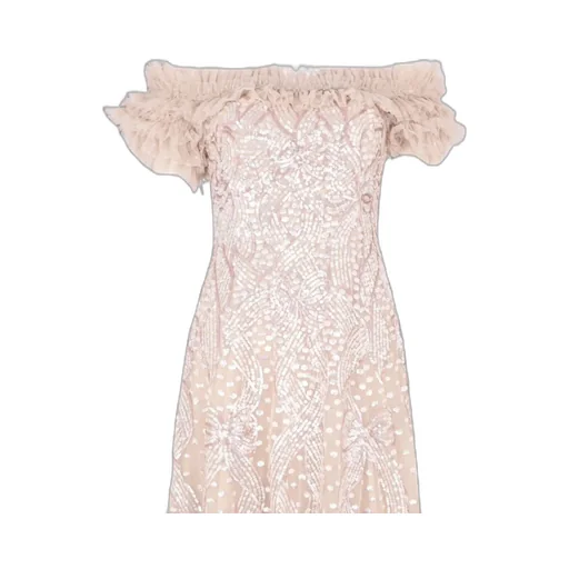 Sequined Satin Ribbon Off-Shoulder Dress