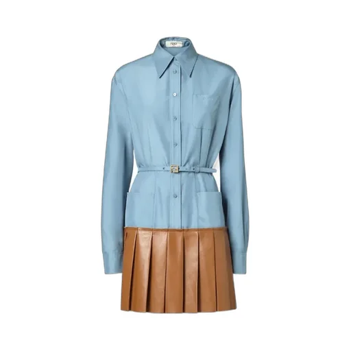 Light Blue Silk And Brown Nappa Leather Dress