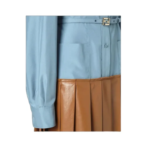 Light Blue Silk And Brown Nappa Leather Dress