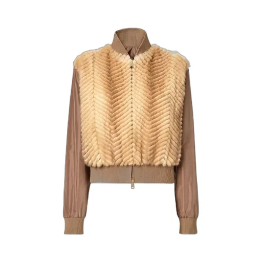 Brown Mink And Taffeta Bomber Jacket