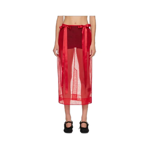 Sheer Bow Ribbon Pencil Midi Skirt
