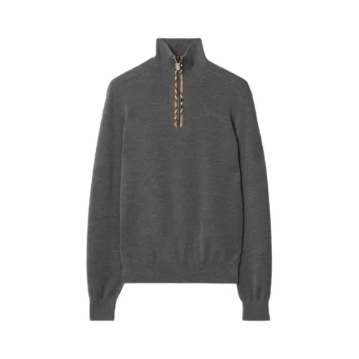 Check Trim Wool Half-Zip Sweater