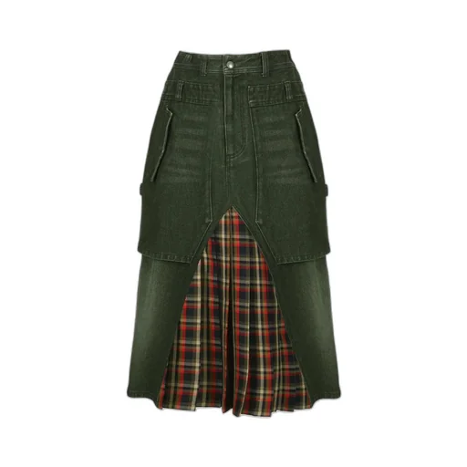 Layered Pleated Midi Denim Skirt