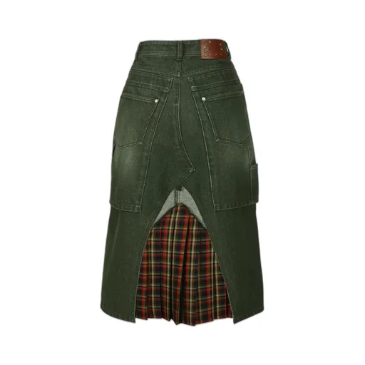 Layered Pleated Midi Denim Skirt