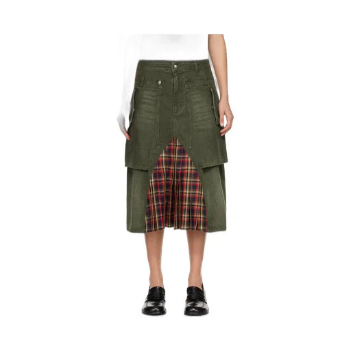 Layered Pleated Midi Denim Skirt