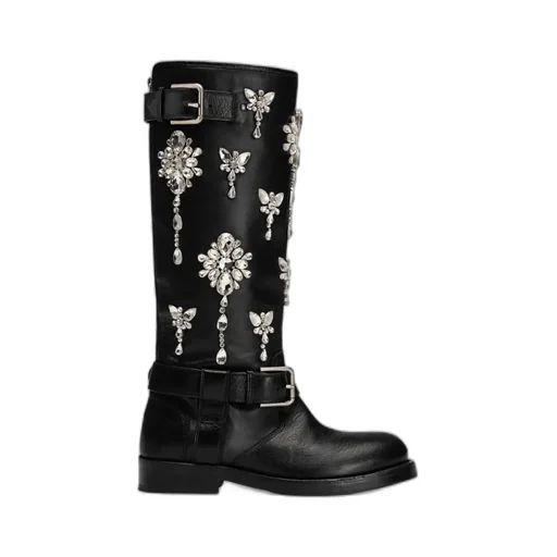 Crystal-Embellished Buckle Boots