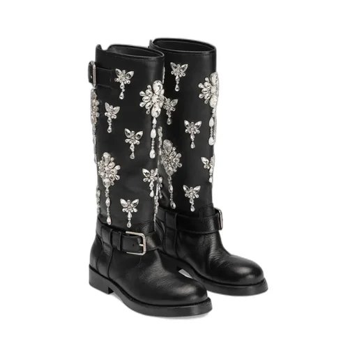 Crystal-Embellished Buckle Boots