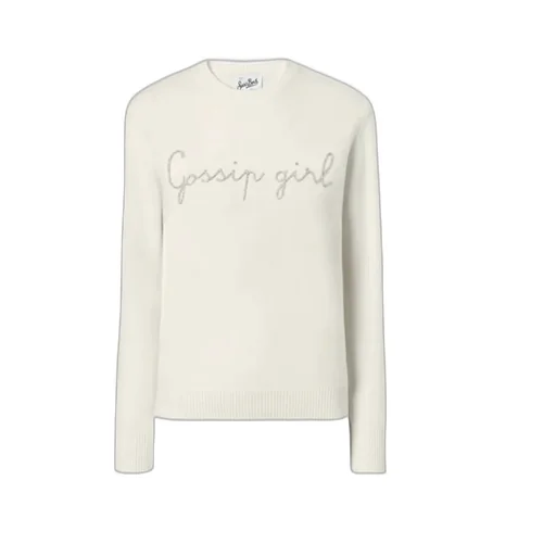 New Queen Cashmere-Blend Sweater In White With Gossip Girl Lurex Embroidery