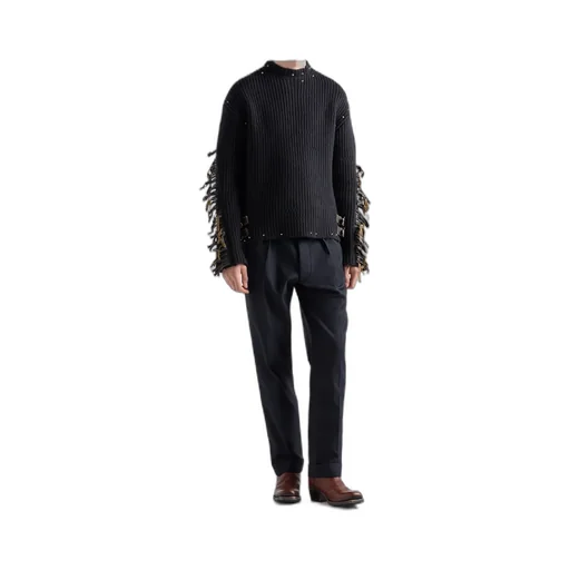 Wool Crew-Neck Sweater With Fringe And Studs