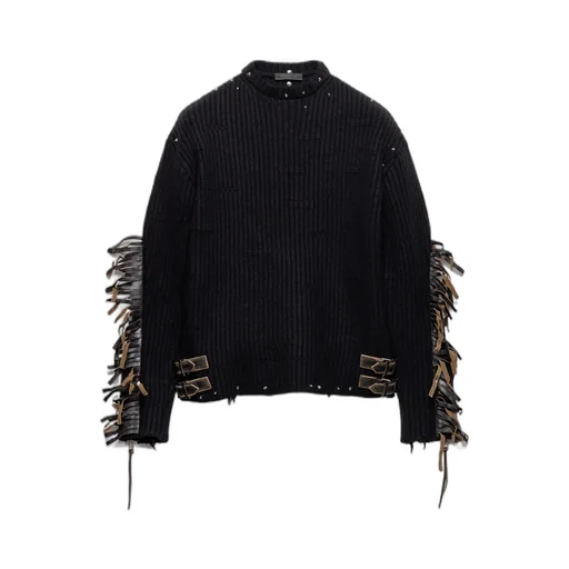 Wool Crew-Neck Sweater With Fringe And Studs