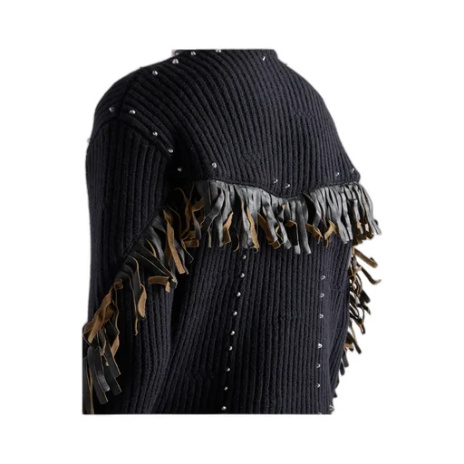 Wool Crew-Neck Sweater With Fringe And Studs