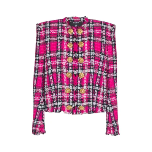 Balmain Glitter Plaid Tweed Cropped Jacket