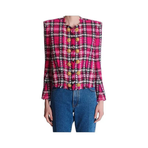 Balmain Glitter Plaid Tweed Cropped Jacket