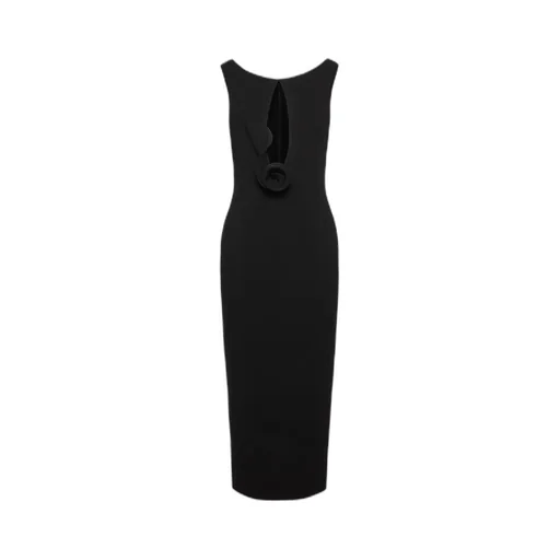 Floral Appliqué Keyhole Midi Dress In Black