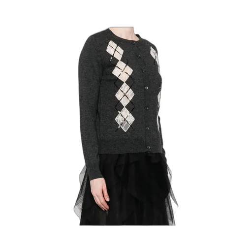 Lace-Panels Argyle-Pattern Cardigan